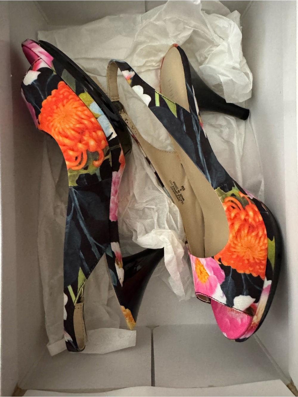 Nine West Floral Peep-Toe Slingback Heels in Black, Orange and Pink